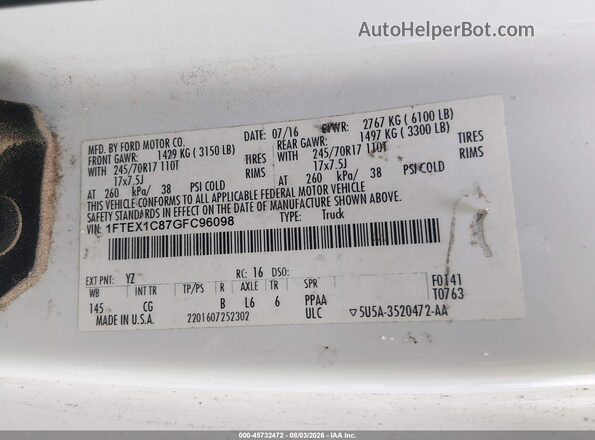 1FTEX1C87GFC96098 2016 FORD F150 Белый Вид подкапотного пространства