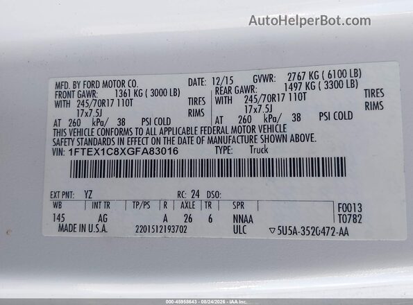 1FTEX1C8XGFA83016 2016 FORD F150 White ძრავის განყოფილების ხედი