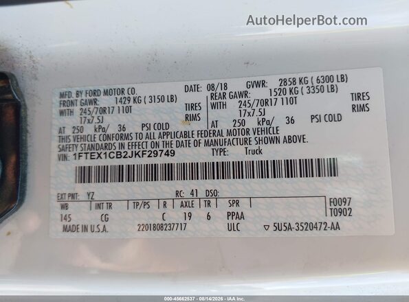 1FTEX1CB2JKF29749 2018 FORD F150 White Вид підкапотного простору