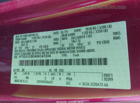 1FTEX1CB3KKC47234 2019 FORD F150 Red Շարժիչի բաժամունքի տեսք