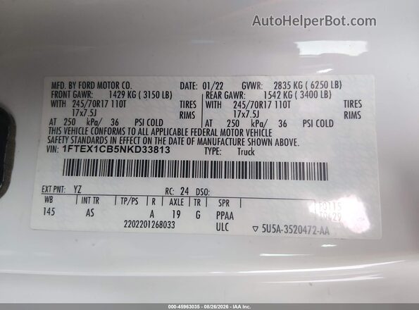 1FTEX1CB5NKD33813 2022 FORD F150 White Widok komory silnika