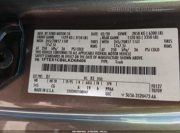 1FTEX1CB6LKD68406 2020 FORD F150 Gray Շարժիչի բաժամունքի տեսք