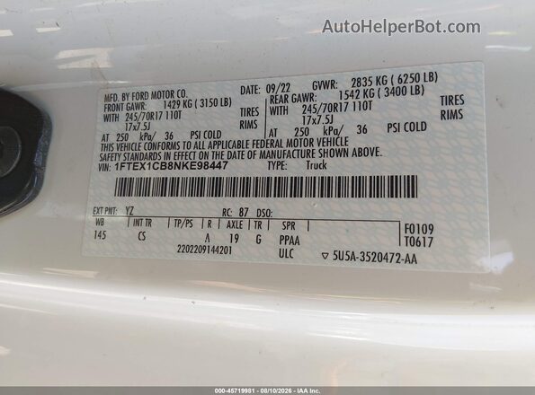 1FTEX1CB8NKE98447 2022 FORD F150 White Շարժիչի բաժամունքի տեսք