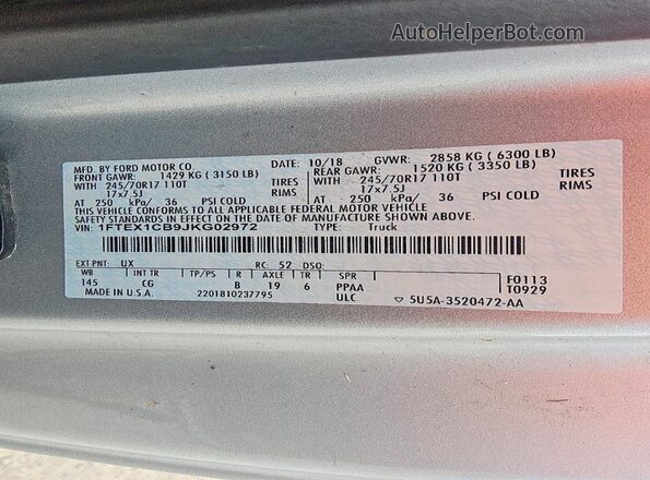 1FTEX1CB9JKG02972 2018 FORD F150 Silver Vista del compartimento del motor
