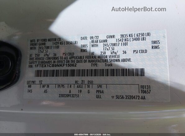 1FTEX1CB9NKF15062 2022 FORD F150 White Շարժիչի բաժամունքի տեսք