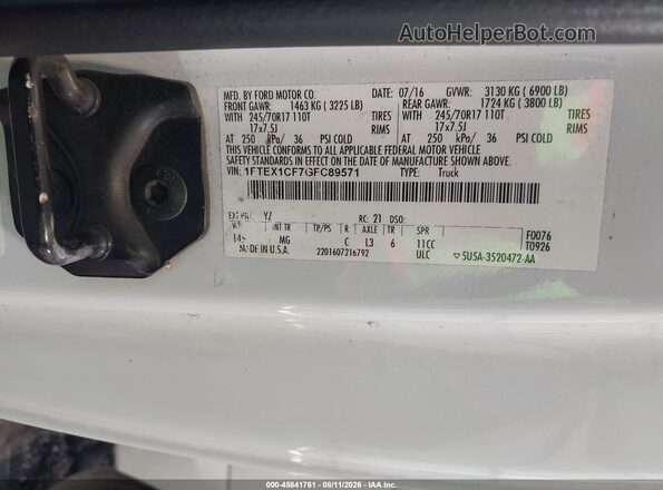 1FTEX1CF7GFC89571 2016 FORD F150 White Вид підкапотного простору
