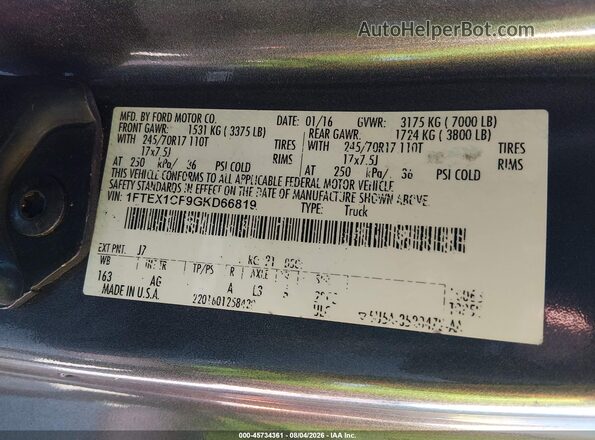 1FTEX1CF9GKD66819 2016 FORD F150 Gray Շարժիչի բաժամունքի տեսք