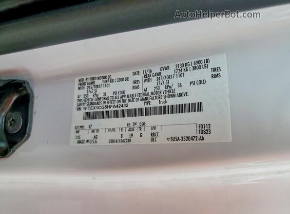 1FTEX1CG5HFA42432 2017 FORD F150 White Вид підкапотного простору