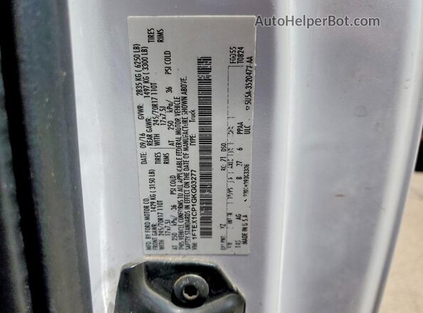 1FTEX1CP1GKG03277 2016 FORD F150 White VIN კოდის სტიკერის ხედი