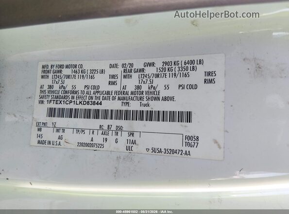1FTEX1CP1LKD83844 2020 FORD F150 White Engine compartment view