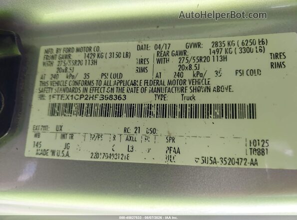 1FTEX1CP2HFB98363 2017 FORD F150 Gray Widok komory silnika