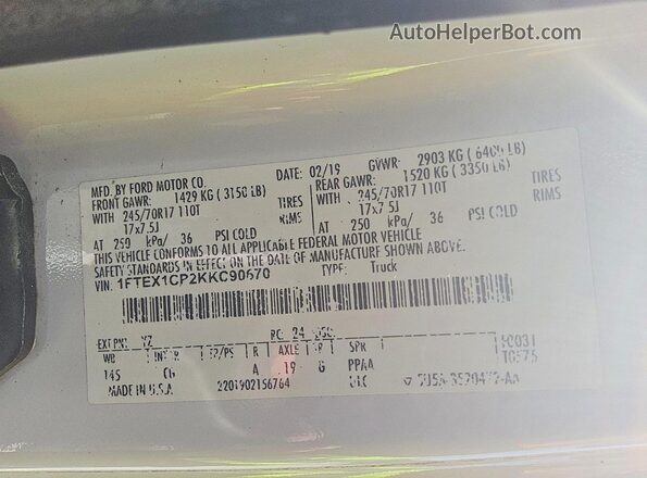 1FTEX1CP2KKC90670 2019 FORD F150 White ძრავის განყოფილების ხედი