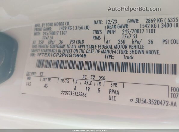 1FTEX1CP2PKG19648 2023 FORD F150 Белый Вид подкапотного пространства