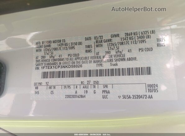 1FTEX1CP3NKD58026 2022 FORD F150 White ძრავის განყოფილების ხედი