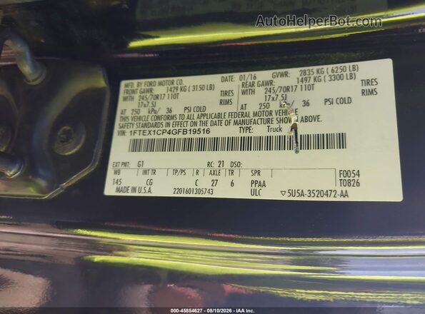 1FTEX1CP4GFB19516 2016 FORD F150 Black ძრავის განყოფილების ხედი