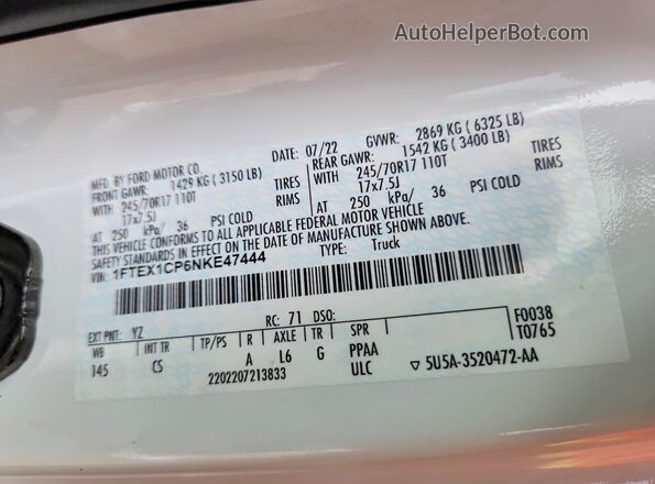 1FTEX1CP6NKE47444 2022 FORD F150 Белый Вид подкапотного пространства