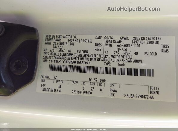 1FTEX1CP9GKE65097 2016 FORD F150 White Շարժիչի բաժամունքի տեսք