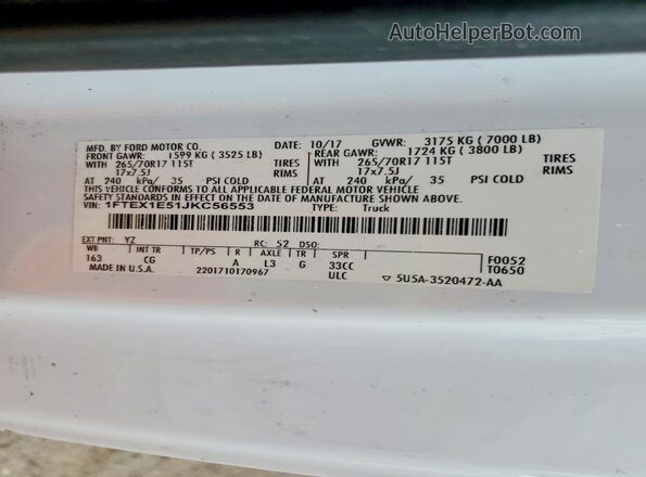 1FTEX1E51JKC56553 2018 FORD F150 Белый Вид наклейки с VIN-кодом