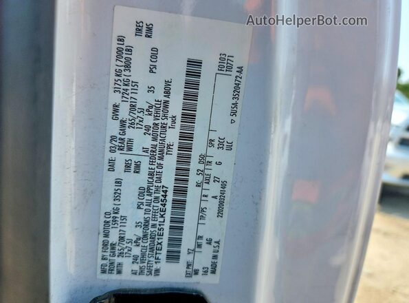 1FTEX1E51LKE45447 2020 FORD F150 White Շարժիչի բաժամունքի տեսք