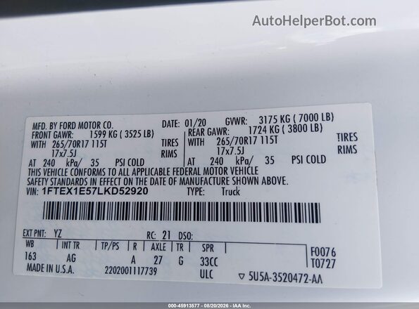 1FTEX1E57LKD52920 2020 FORD F150 Белый Вид подкапотного пространства
