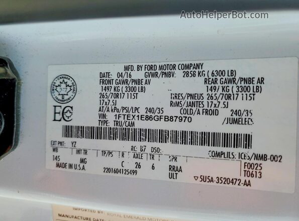 1FTEX1E86GFB87970 2016 FORD F150 White ძრავის განყოფილების ხედი