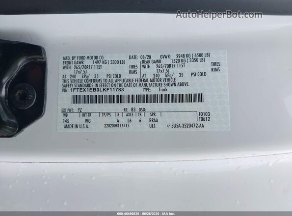 1FTEX1EB0LKF11783 2020 FORD F150 White Вид підкапотного простору