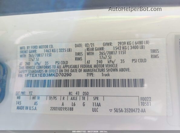 1FTEX1EB3MKD70290 2021 FORD F150 White Вид підкапотного простору