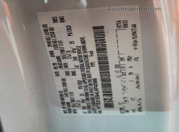 1FTEX1EB4LKF43586 2020 FORD F150 White Շարժիչի բաժամունքի տեսք