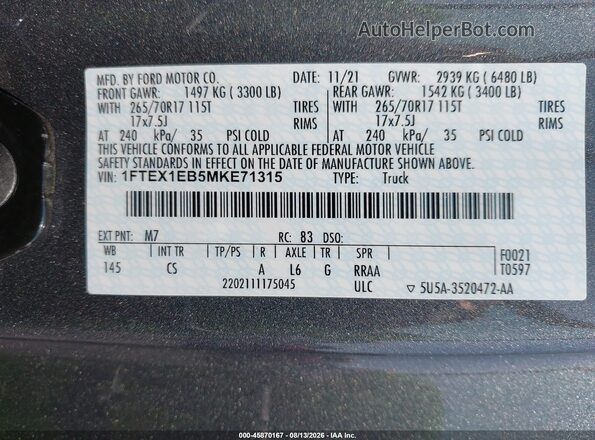 1FTEX1EB5MKE71315 2021 FORD F150 Черный Вид подкапотного пространства