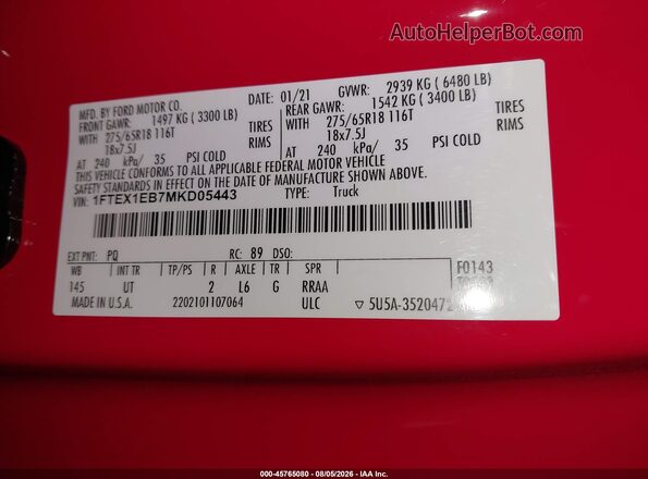 1FTEX1EB7MKD05443 2021 FORD F150 Red Engine compartment view
