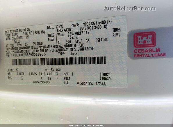1FTEX1EB8PKD33935 2023 FORD F150 White ძრავის განყოფილების ხედი