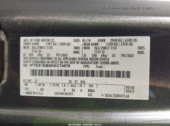 1FTEX1EB9KKC74578 2019 FORD F150 Gray Widok komory silnika