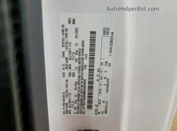 1FTEX1EB9MKD89555 2021 FORD F150 White Вид наклейки з VIN-кодом