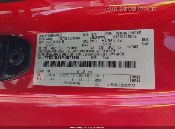 1FTEX1EB9MKE71348 2021 FORD F150 Красный Вид подкапотного пространства