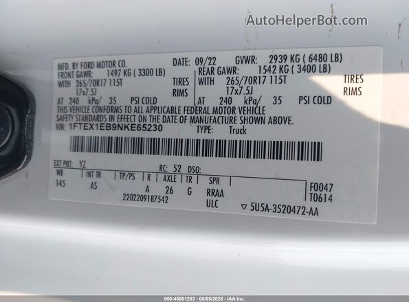 1FTEX1EB9NKE65230 2022 FORD F150 White Engine compartment view