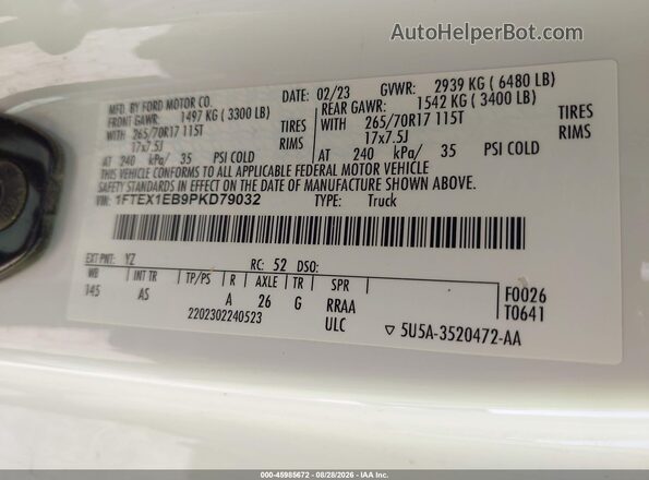 1FTEX1EB9PKD79032 2023 FORD F150 White Вид наклейки з VIN-кодом