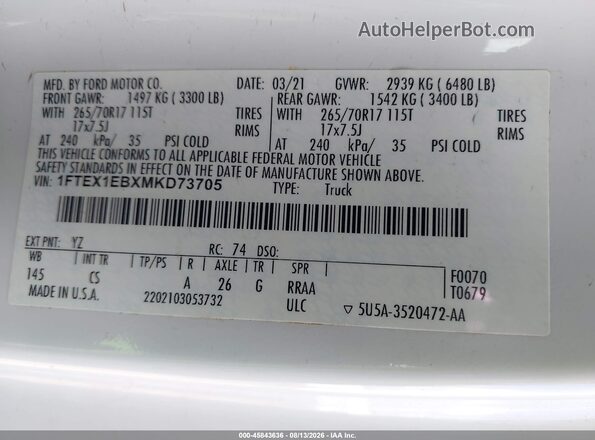 1FTEX1EBXMKD73705 2021 FORD F150 White Vista del compartimento del motor