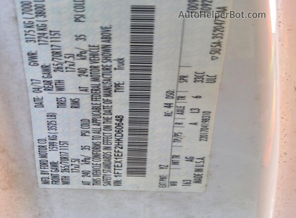 1FTEX1EF2HKD60648 2017 FORD F150 White Շարժիչի բաժամունքի տեսք