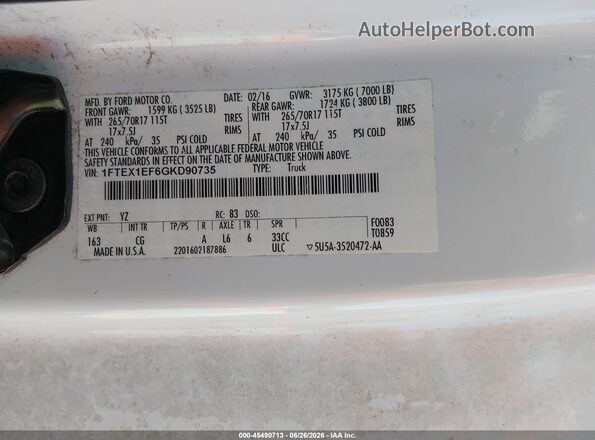 1FTEX1EF6GKD90735 2016 FORD F150 Белый Вид подкапотного пространства