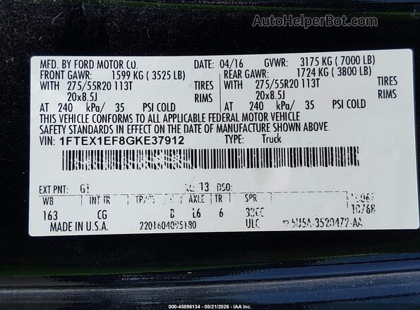 1FTEX1EF8GKE37912 2016 FORD F150 Черный Вид подкапотного пространства