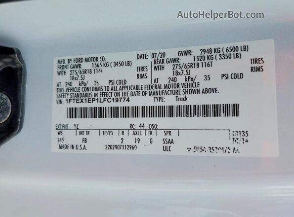 1FTEX1EP1LFC19774 2020 FORD F150 White ძრავის განყოფილების ხედი