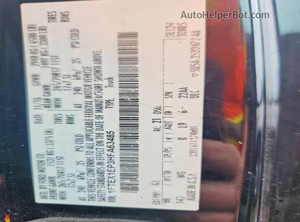 1FTEX1EP3HFA63485 2017 FORD F150 Black Vista de la etiqueta del VIN
