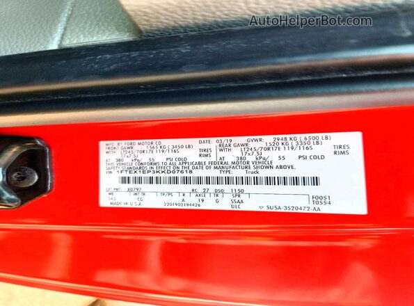 1FTEX1EP3KKD07618 2019 FORD F150 Red Vista del compartimento del motor