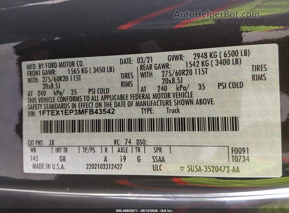 1FTEX1EP3MFB43542 2021 FORD F150 Gray Շարժիչի բաժամունքի տեսք