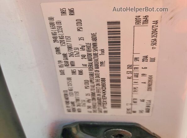 1FTEX1EP4KKD89388 2019 FORD F150 Белый Вид подкапотного пространства