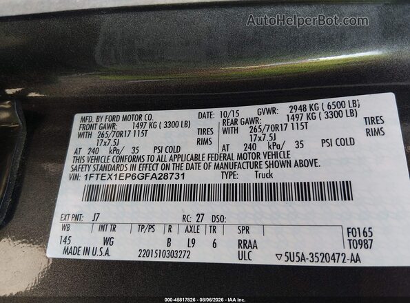 1FTEX1EP6GFA28731 2016 FORD F150 Gray ძრავის განყოფილების ხედი