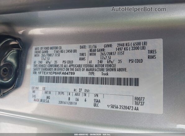 1FTEX1EP6HFA64789 2017 FORD F150 Silver ძრავის განყოფილების ხედი