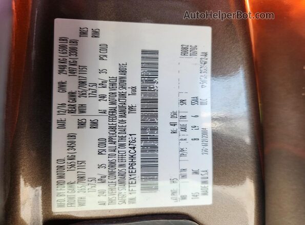 1FTEX1EP6HKC47651 2017 FORD F150 Tan Vista de la etiqueta del VIN