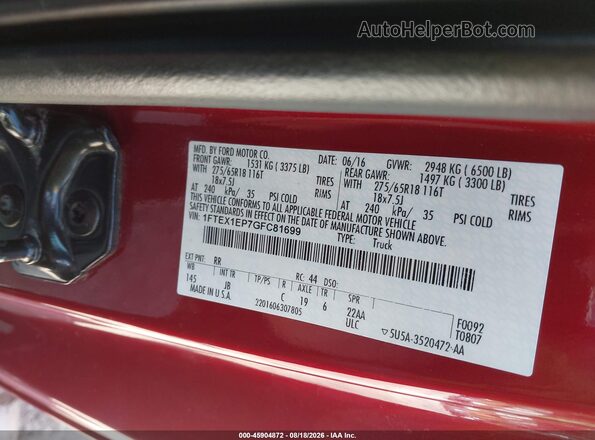 1FTEX1EP7GFC81699 2016 FORD F150 Red Շարժիչի բաժամունքի տեսք