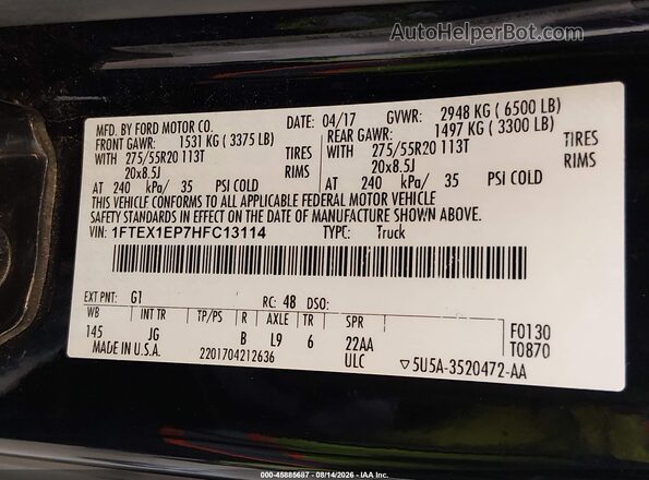 1FTEX1EP7HFC13114 2017 FORD F150 Black Widok komory silnika